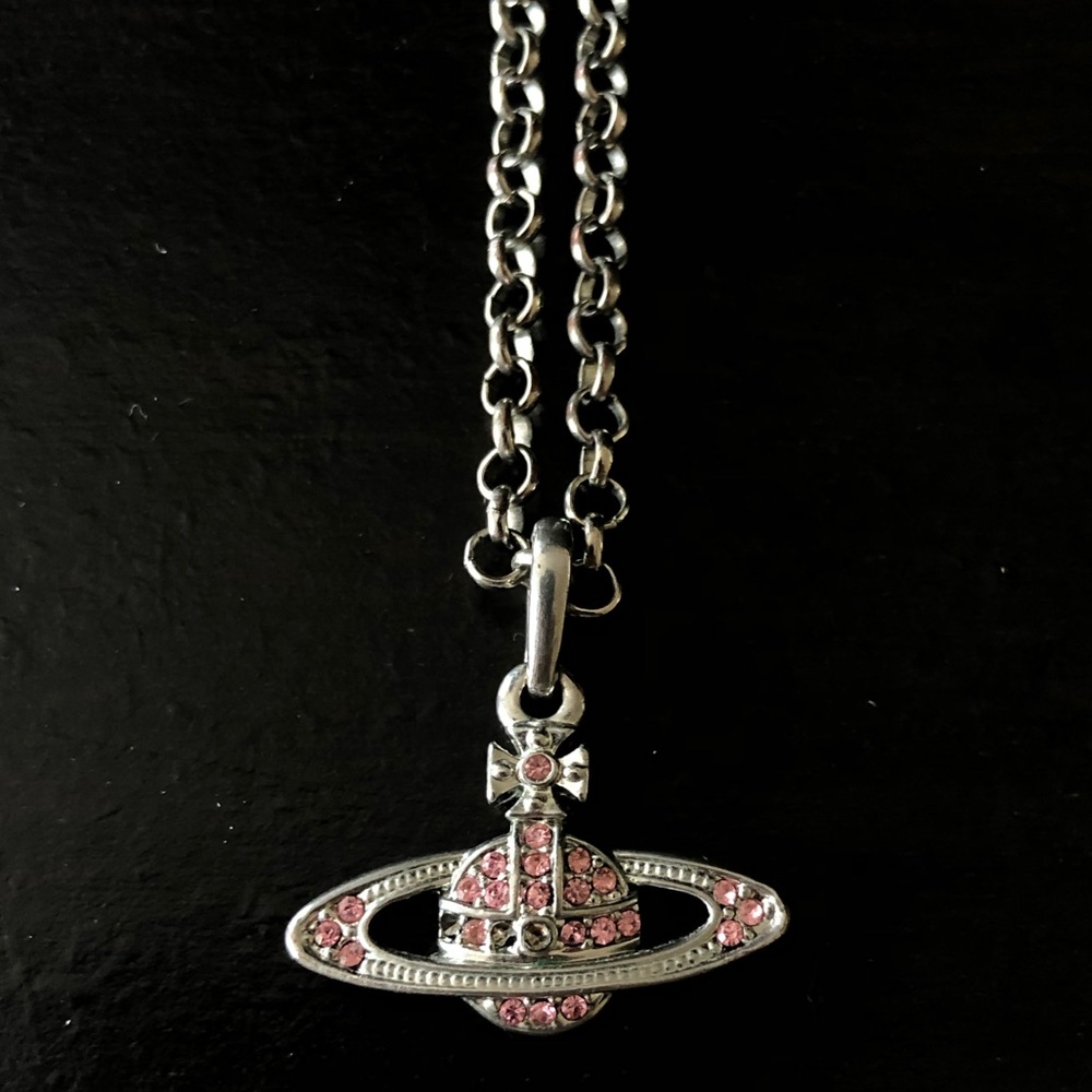 Silver Saturn Orb Necklace W/Pink Jewels